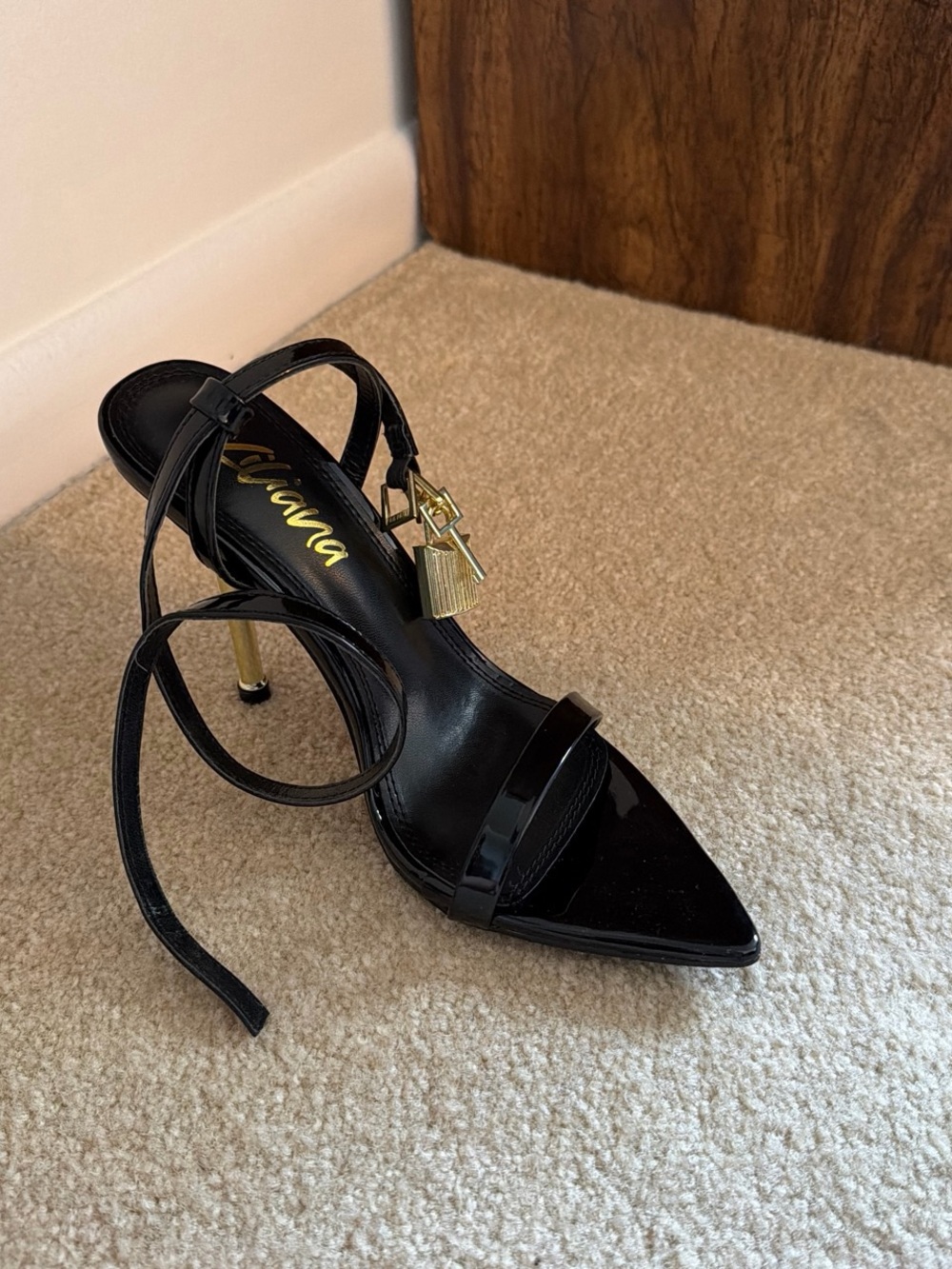 Black Women's Ankle-Strap Pointed Toe Heel with Gold Charm